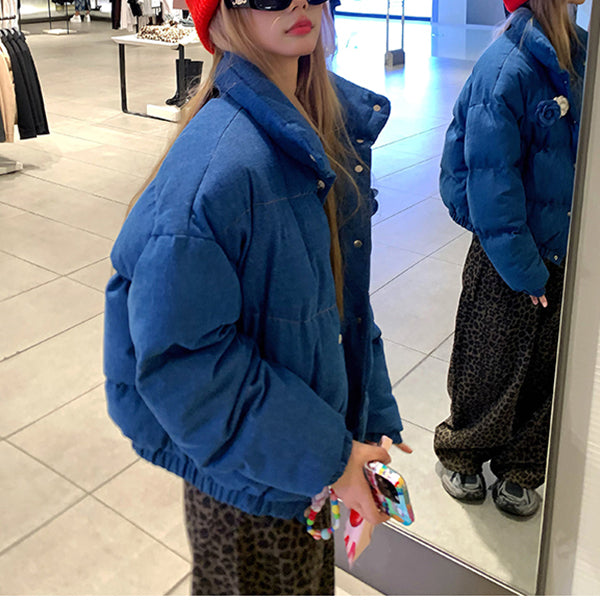 Stylish Stand-Up Collar Blue Cotton Coat