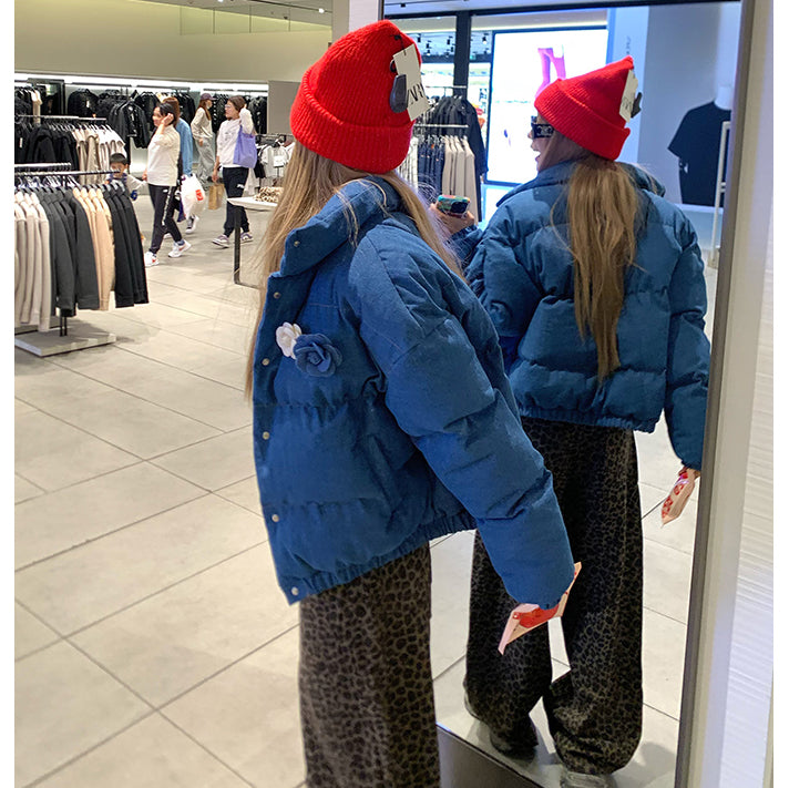 Stylish Stand-Up Collar Blue Cotton Coat