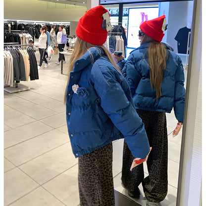 Stylish Stand-Up Collar Blue Cotton Coat