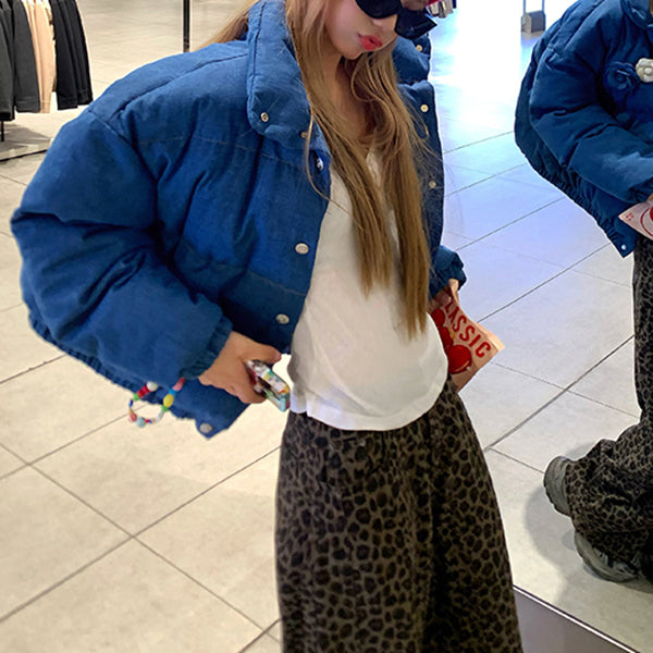 Stylish Stand-Up Collar Blue Cotton Coat