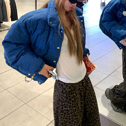 Stylish Stand-Up Collar Blue Cotton Coat