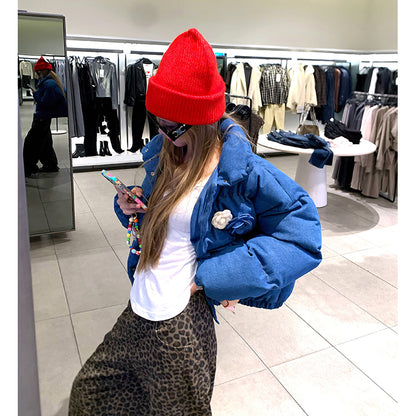 Stylish Stand-Up Collar Blue Cotton Coat