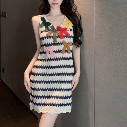 Handmade Crocheted Striped Sleeveless Bow-Detail Dress