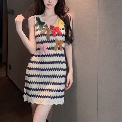 Handmade Crocheted Striped Sleeveless Bow-Detail Dress