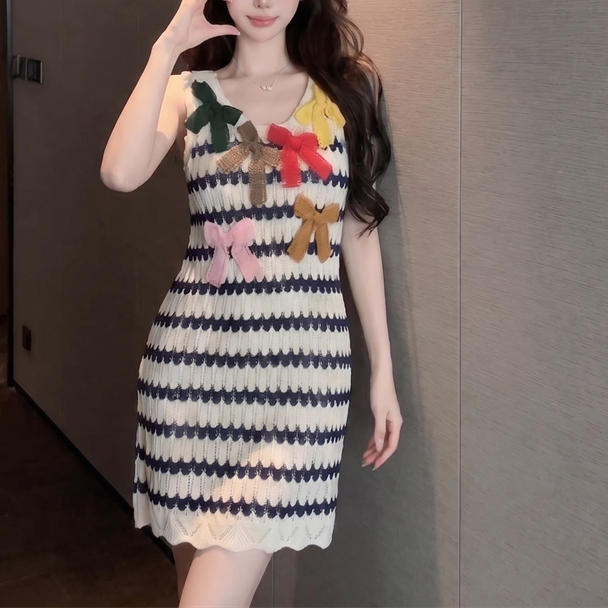 Handmade Crocheted Striped Sleeveless Bow-Detail Dress