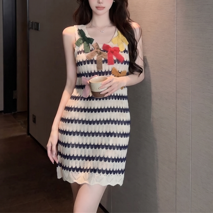 Handmade Crocheted Striped Sleeveless Bow-Detail Dress