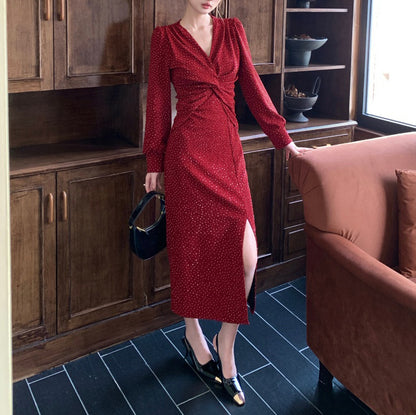 French V-Neck Rhinestone Dress
