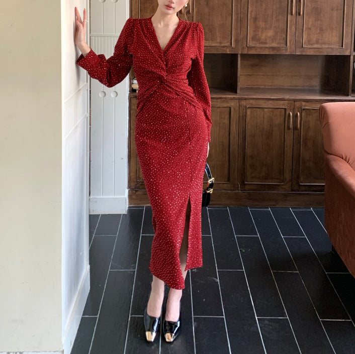 French V-Neck Rhinestone Dress