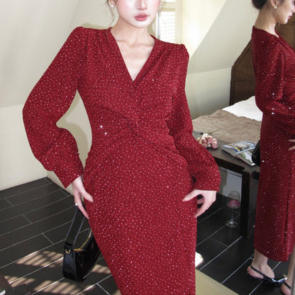 French V-Neck Rhinestone Dress