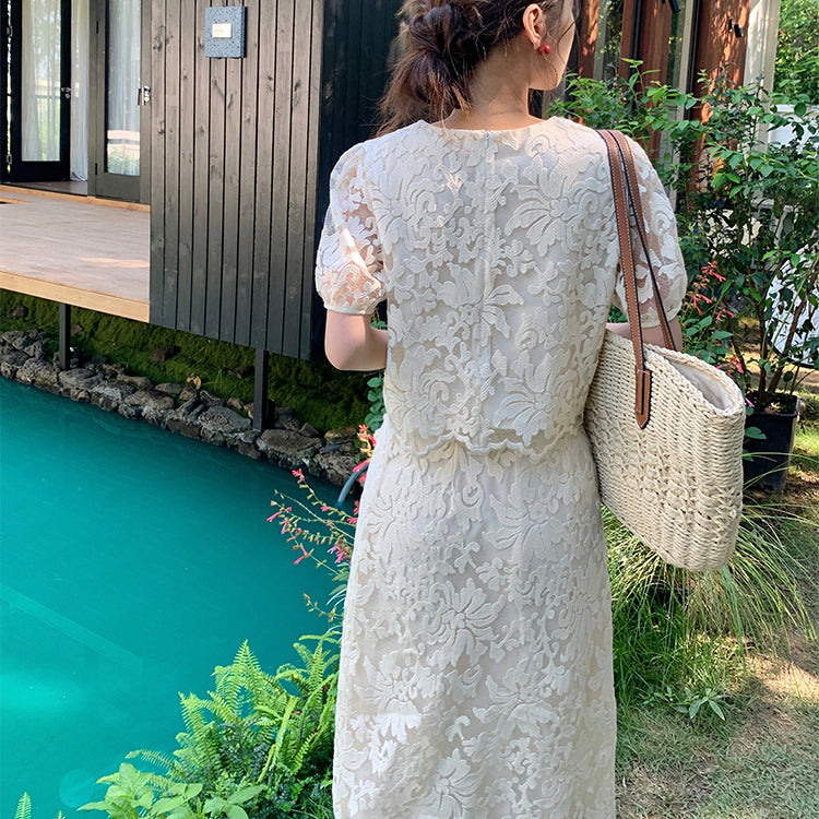 Heavy Embroidered Lace Top And Skirt Two-Piece Set