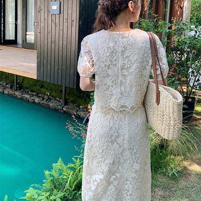 Heavy Embroidered Lace Top And Skirt Two-Piece Set