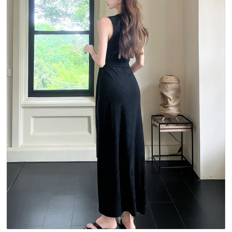 Fashionable Waist-Hugging French Striped Tie-Strap Slit Dress