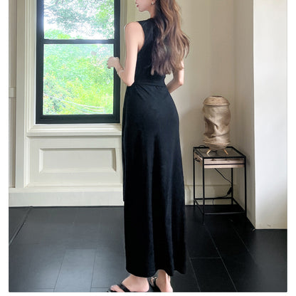 Fashionable Waist-Hugging French Striped Tie-Strap Slit Dress