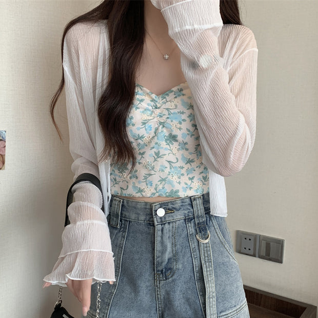 Sunscreen chiffon shirt shawl oat floral cami top
