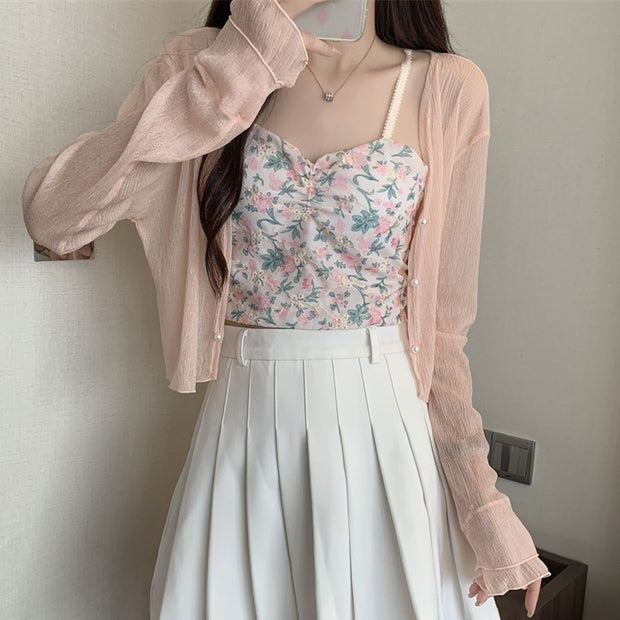 Sunscreen chiffon shirt shawl oat floral cami top