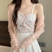 Sunscreen chiffon shirt shawl oat floral cami top
