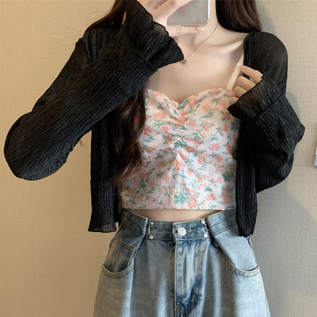 Sunscreen chiffon shirt shawl oat floral cami top
