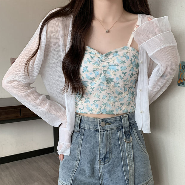 Sunscreen chiffon shirt shawl oat floral cami top