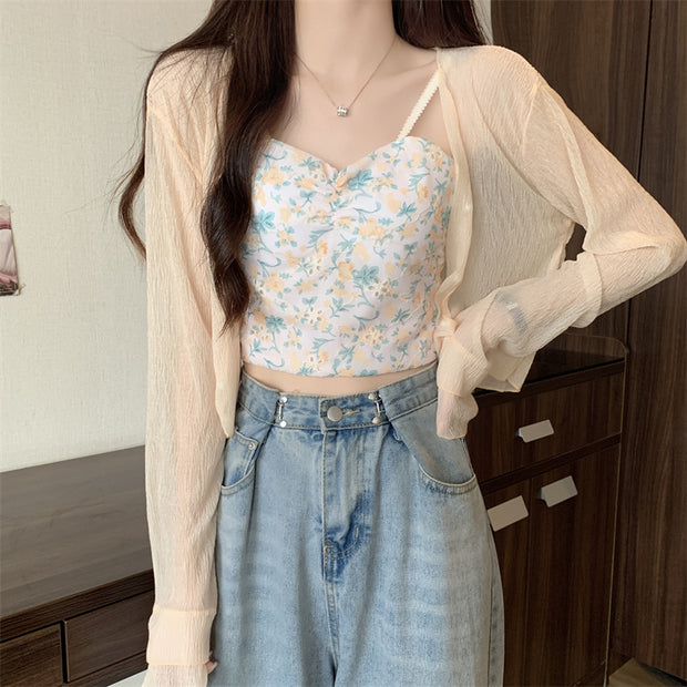 Sunscreen chiffon shirt shawl oat floral cami top