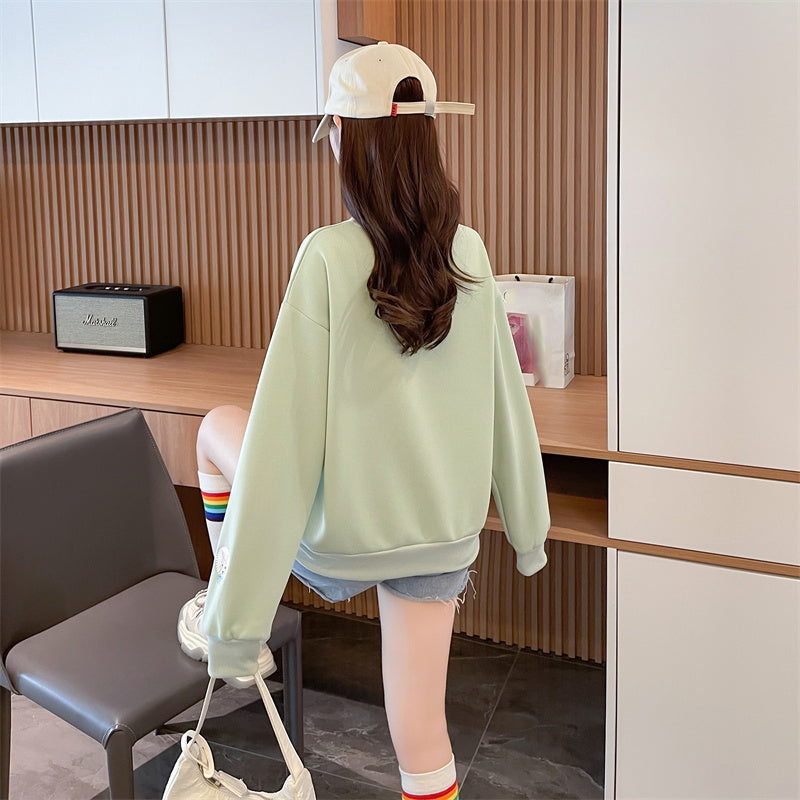 Loose-Fitting Op Collar Patchwork Plus Size Long-Sleeved Sweatshirt