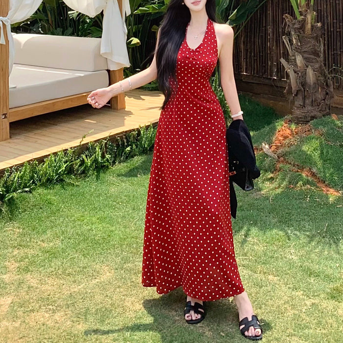 V-neck retro floral polka dot halter dress