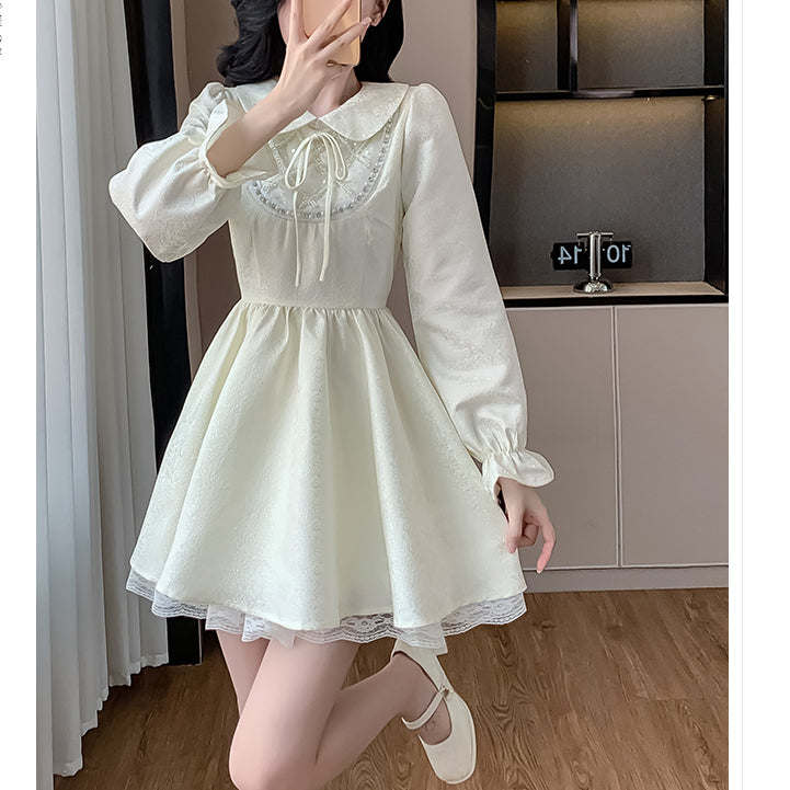 Sweet And Elegant Shirt Collar Waist Long Sleeve Dress