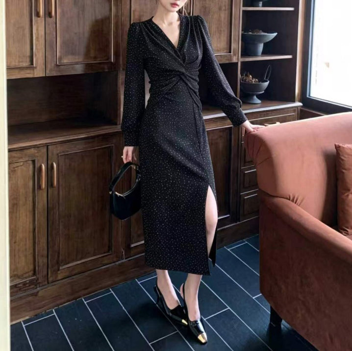 French V-Neck Rhinestone Dress
