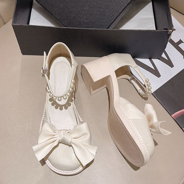 Thick heel sandals bowknot small leather shoes