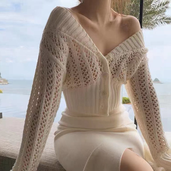Off-Shoulder Knitted Cardigan Hollow Sweater Shawl Top