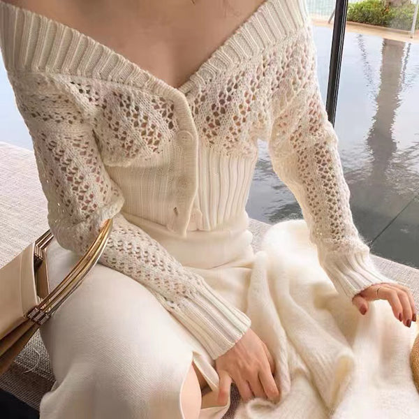 Off-Shoulder Knitted Cardigan Hollow Sweater Shawl Top