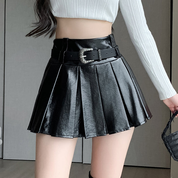 Retro High-Waisted Pleated Leather Skirt With Belt