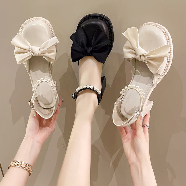 Thick heel sandals bowknot small leather shoes