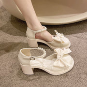 Thick heel sandals bowknot small leather shoes