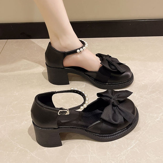 Thick heel sandals bowknot small leather shoes