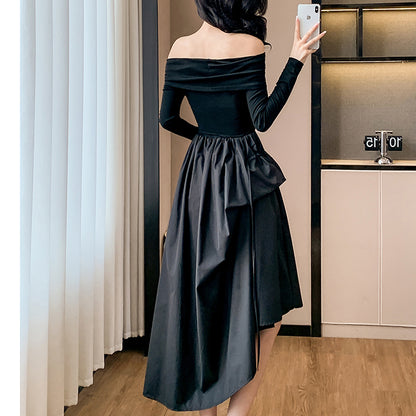 Off-The-Shoulder French-Style Fitted Black Dress