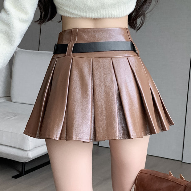 Retro High-Waisted Pleated Leather Skirt With Belt
