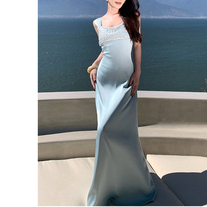 Heavy-Embellished Sequin & Satin Evening Gown