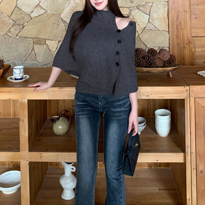 Vintage-Style Asymmetric Side-Button Off-Shoulder Knit Cardigan