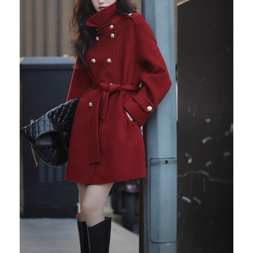 Retro Red Long Wool Coat With Gold Buttons