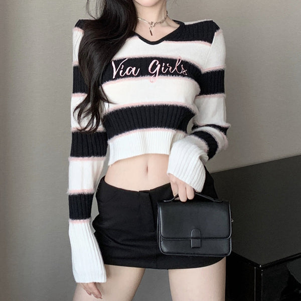 Embroidered Knitted Striped Sweater Long-Sleeved Top