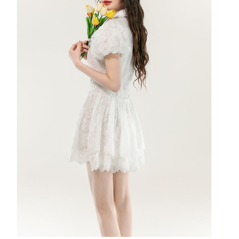 White Lace Puff Sleeve Dress