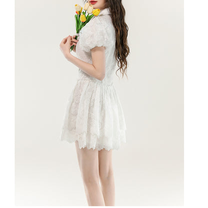 White Lace Puff Sleeve Dress