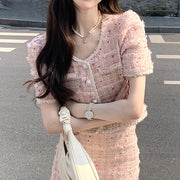 Short-Sleeved Jacket Top Tweed Skirt Elegant Set