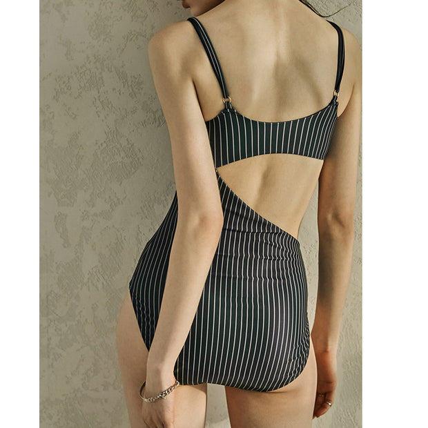 Vertical stripe open-waist one-piece swimsuit