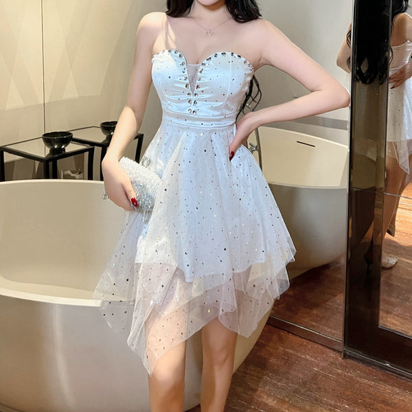 Mesh Diamond-Embellished Tube Top Puffy Dress