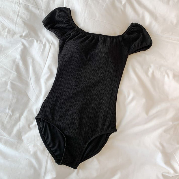 Off-shoulder puff sleeve one-piece swimsuit