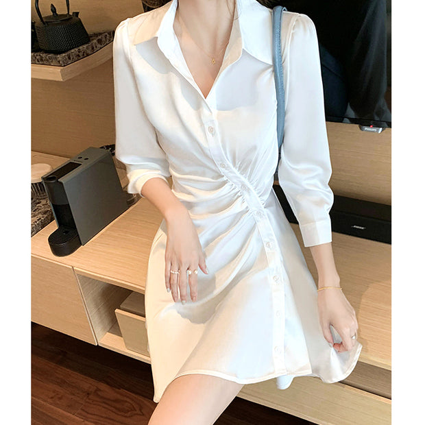Pleated diagonal button slim waist shirt dress