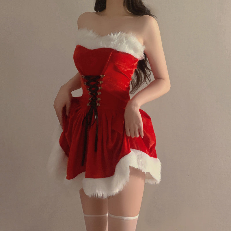 Lace-Up Edelweiss Tube Top Dress Shawl Hat Set