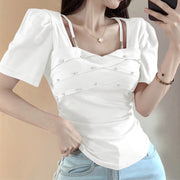 Diamond embellished ruched puff sleeve slim top
