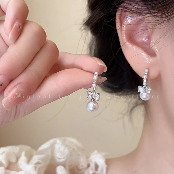 Bow Zircon Pearl Stud Earrings Versatile Ear Accessories